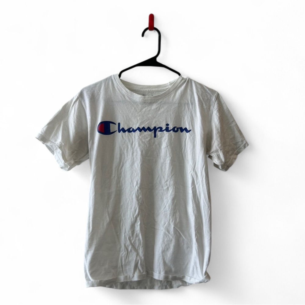 Champion White Athletic Tee with Blue and Red Logo